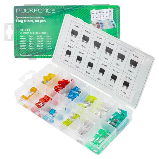 Предохранители флажковые, 80пр. (5А, 10А, 15А, 20А, 25А, 30А) ROCKFORCE RF-789 48299