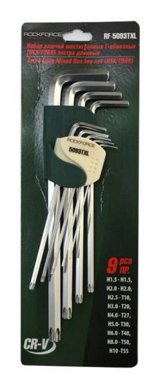 Набор ключей шестигранных 9 предметовHEX/TORX, экстрадлинных (Hex: 1.5, 2, 2.5, 3, 4, 5, 6, 8, 10; Torx: T10, T20, T27, T30, T40, T50, T55) ROCKFORCE RF-5093TXL 47379