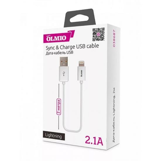 Кабель OLMIO USB 2 - Lightning, 2м, белый