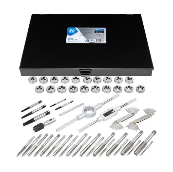 Набор метчиков и плашек 50пр.(М3х0.5,4х0.7,5х0.8,6х1.0,8х1.25;6,8,10-32;10,12-24;1/4-20/28,5/16-18/2 64900 Sch-M050-3