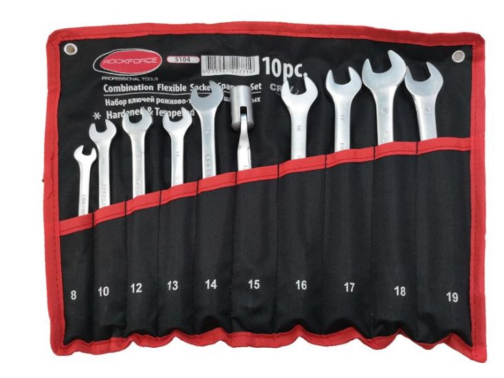 Набор ключей рожково-торцевых шарнирных 10 предметов (8, 10, 12-19мм) на полотне 29751       RF-5104