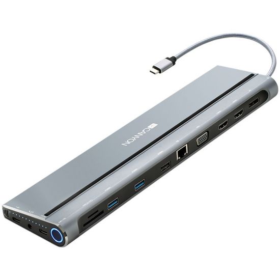 Canyon Multiport Docking Station with 14 ports: Type c data Audio Type C PD3.0 100W SD TF 2*USB3.0 USB2.0 RJ45 2*HDMI VGA DP Lock, Input 100-240V, Output USB-C PD 5-20V/5A, cable length 0.20m, Space grey, 76*22.5*301mm, 0.36kg(Generation B)
