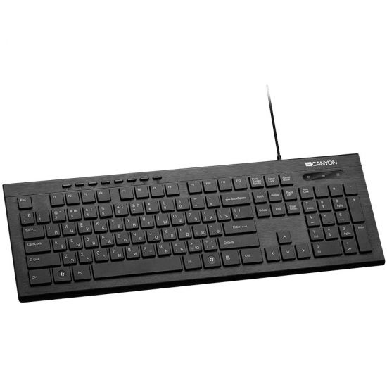CANYON Multimedia wired keyboard, 104 keys, slim and brushed finish design, white backlight, chocolate key caps, RU layout (black), cable length 1.5m, 450*154*22.3mm, 0.53kg