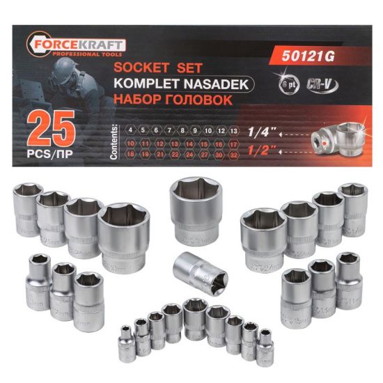 Головки 1/4'', 1/2'', набор 25пр. (6гр.) Forcekraft FK-50121G 57683