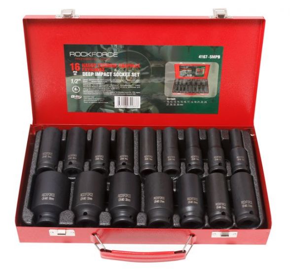 Набор головок ударных глубоких, 16 предметов 1/2" 6гр.(10,12,13,14,15,16,17,18,19,21,22,24,27,30,32,36мм),в метал. кейсе ROCKFORCE RF-4167-5MPB 28576