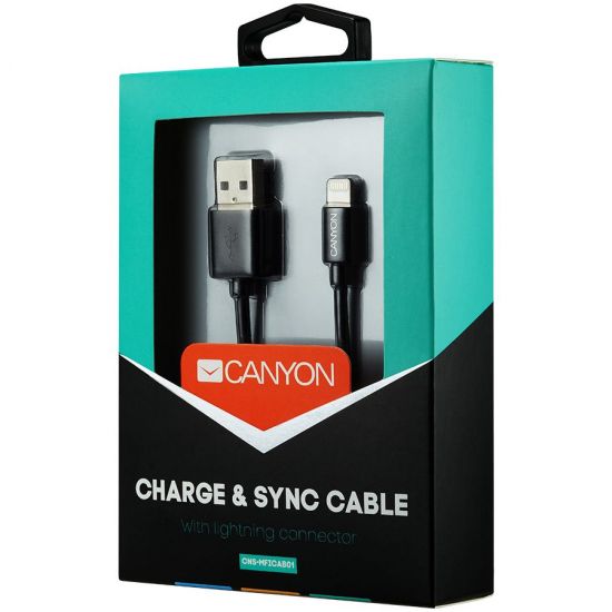 CANYON кабель, цвет - черный, разъем USB-Lightning, сертификат MFI/Apple, длина 1 м.