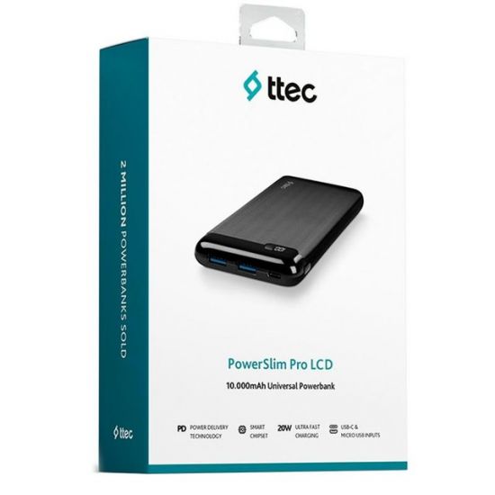 ttec PowerSlim Pro LCD PD 10.000 mAh  Powerbank  wth USB-C Input/output/Black