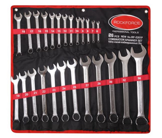 Набор ключей комбинированных 26 предметов(6-25, 27, 28, 30, 32, 36мм),на полотне ROCKFORCE RF-5261P(NEW) 7025