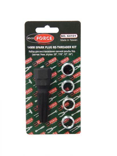 Набор для восстановления свечной резьбы 5 предметов (метчик 14мм, втулки: 3/8", 7/16", 1/2", 3/4"), в блистере ROCKFORCE RF-64101 937